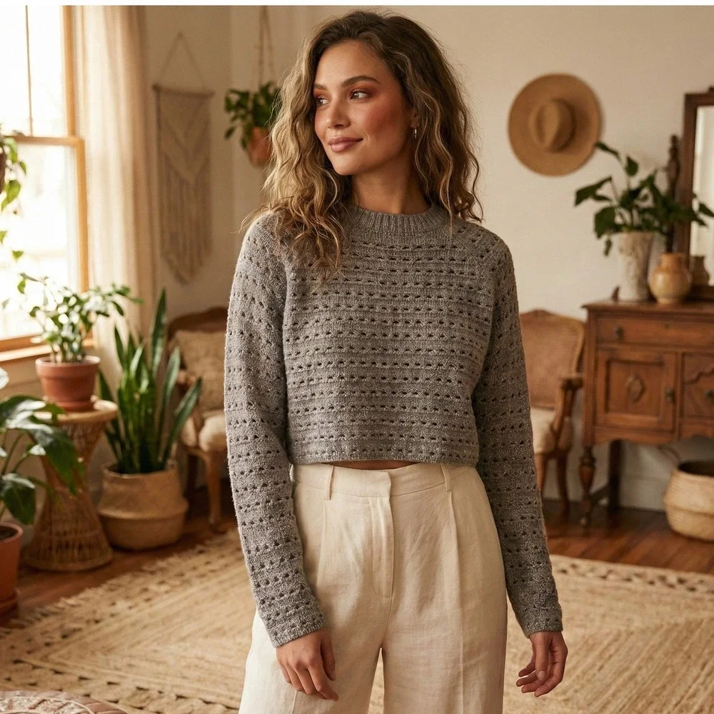 SELF CONTRAST NWT Taupe Cropped Mesh Knit Sweater Womens Size M - Picture 2 of 7